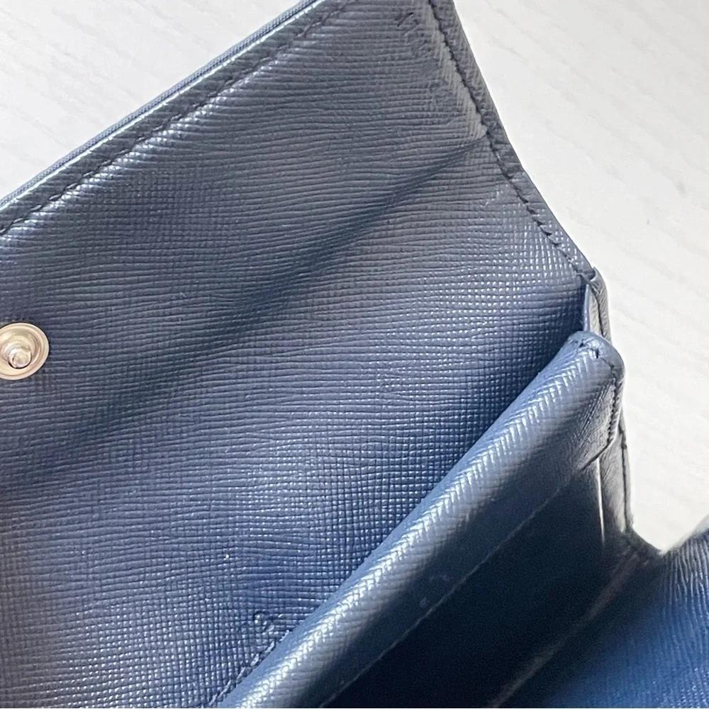 Prada navy blue Tessuto nylon triangle logo trifold medium snap wallet
